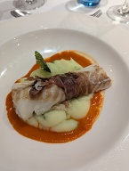 with potato & pea mash, prosciutto, fava beans, red pepper sauce